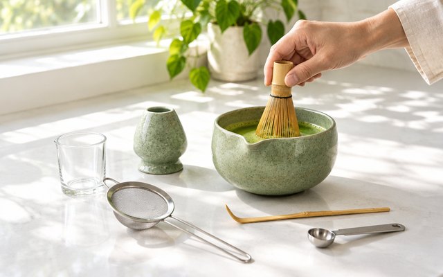 YIBO matcha set, whisking matcha on a sunny kitchen counter