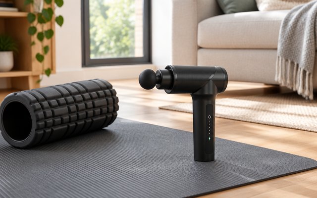 Medcursor massage gun, on a yoga mat on a living-room floor beside a foam roller