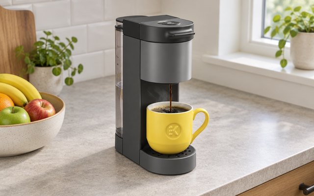 Slim pod coffee maker with a mug under the spout on a small kitchen counter