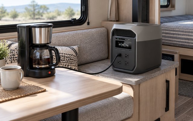 EcoFlow DELTA 3 Max, inside an RV beside the dinette table, a coffee maker plugged into it