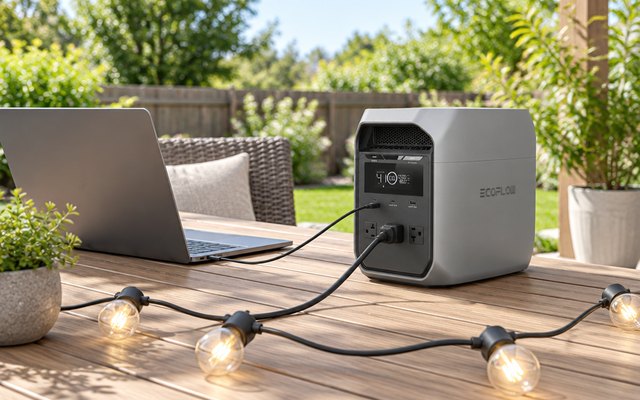 EcoFlow DELTA 3 Classic, on a sunny backyard patio powering a laptop and a string of lights