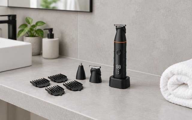 Black body trimmer in its charging base with guide combs on a bathroom shelf