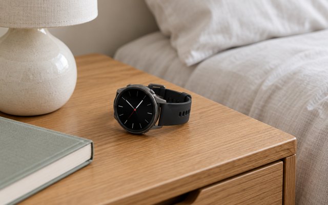Garmin smartwatch, on a wooden bedside table beside a lamp and a book