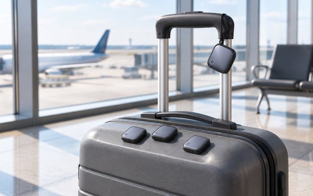 Four small grey square tracker tags on a carry-on suitcase in an airport lounge