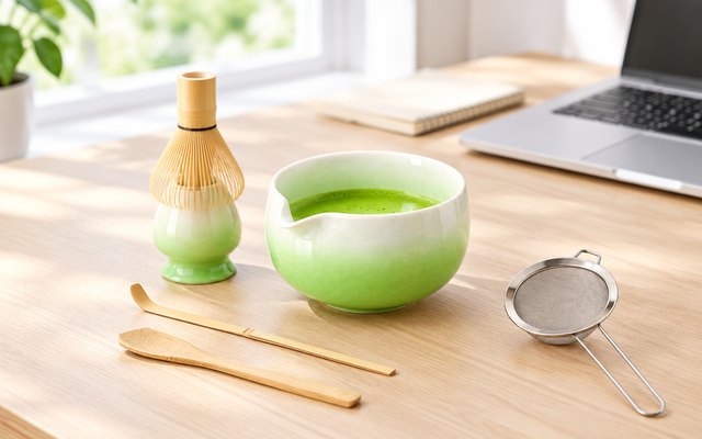 HUSHHAVN matcha set, on a calm desk by the window