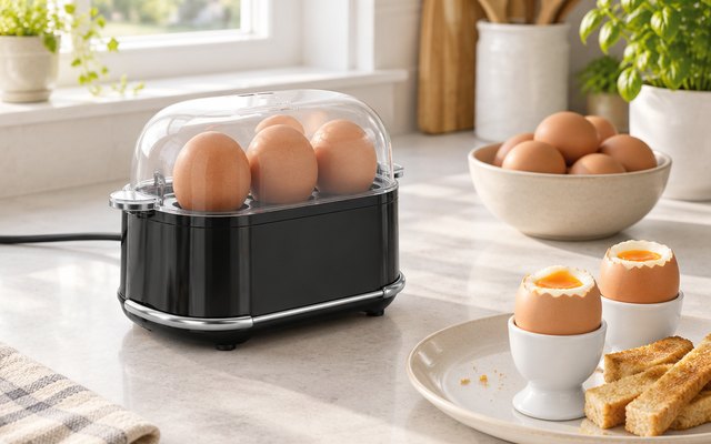 Olvy electric egg cooker, on a kitchen worktop with brown eggs and toast