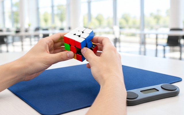 GAN V100 Maglev speed cube mid-solve at a speedcubing table