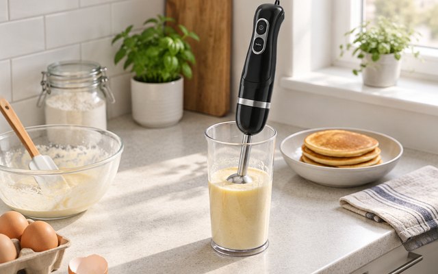 Turelar 400W immersion blender, in a tall cup of pancake batter on a small apartment kitchen counter