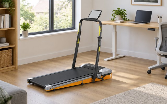 Walking pad with handrail, in a home office in front of a standing desk
