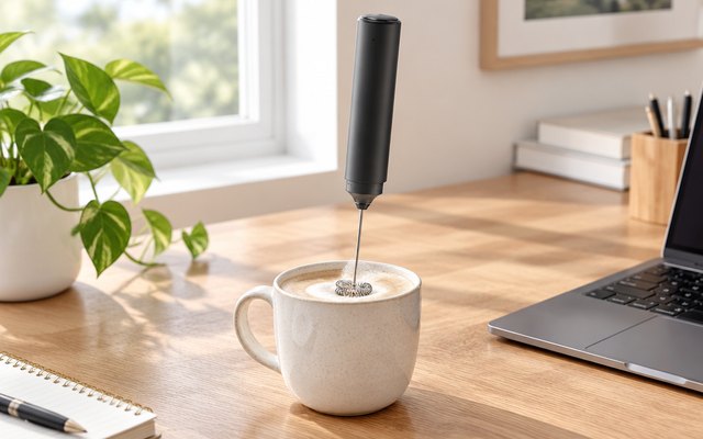 New England Stories milk frother, on a desk in a bright home office beside a mug of foamy coffee