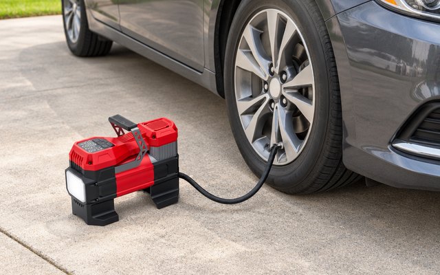 CRAFTSMAN 12V tire inflator, on a concrete driveway beside a sedan's front tire