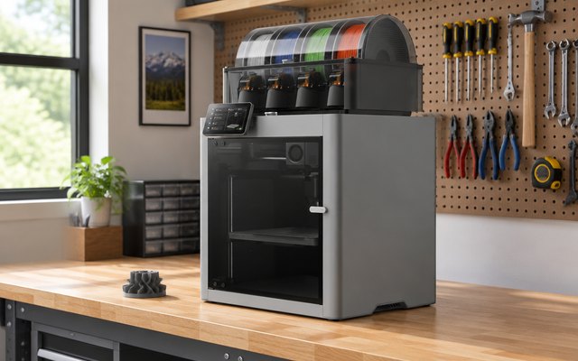 Bambu Lab P2S Combo 3D printer, on a sturdy workbench in a tidy American garage workshop, a pegboard of hand tools on the wall behind and a small printed part o