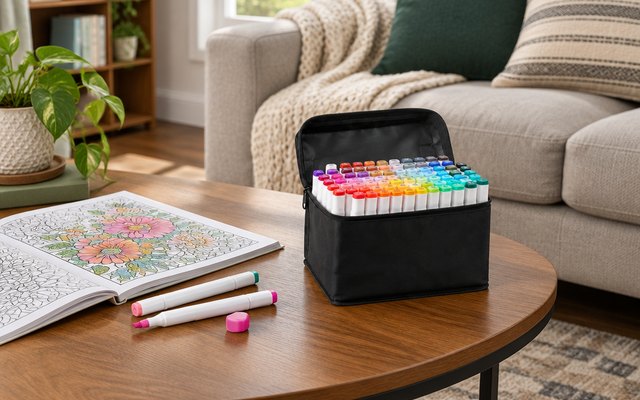 MemOffice 80-color alcohol markers, on a coffee table in a cozy American living room beside a coloring book, a sofa behind