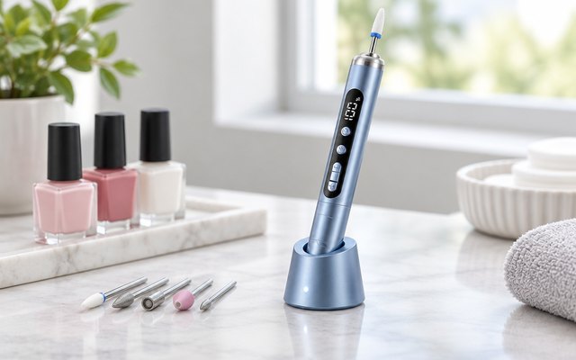 Cordless nail drill pen in its small charging stand on a manicure table beside bottles of nail polish and a few drill bits in a row