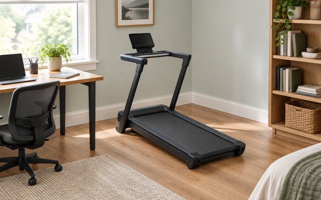 MERACH T31 folding treadmill, in a spare bedroom used as a home office, beside a desk, its screen off
