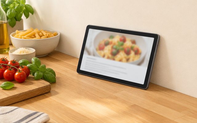 Galaxy Tab A11+ in gray propped up on a kitchen counter while cooking