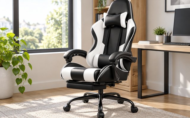GTPLAYER Gaming Chair with Footrest and Massage Lumbar Pillow, in a home office with a window and a plant