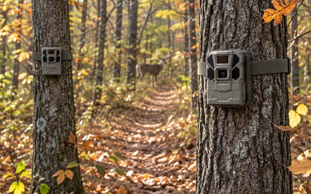 Tactacam Reveal X trail cameras, each strapped to an oak tree along a deer trail in fall woods