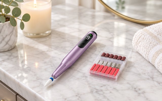 Cordless nail drill pen and its open case of bits on a marble vanity beside a candle and a hand towel