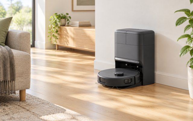 Robot vacuum docked at its tall cleaning station against a wall in a bright living room with a light wooden floor