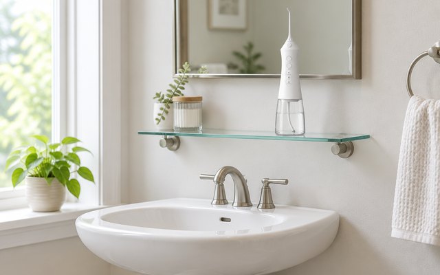 RUMFFLYE cordless water flosser, on a narrow glass shelf above a pedestal sink