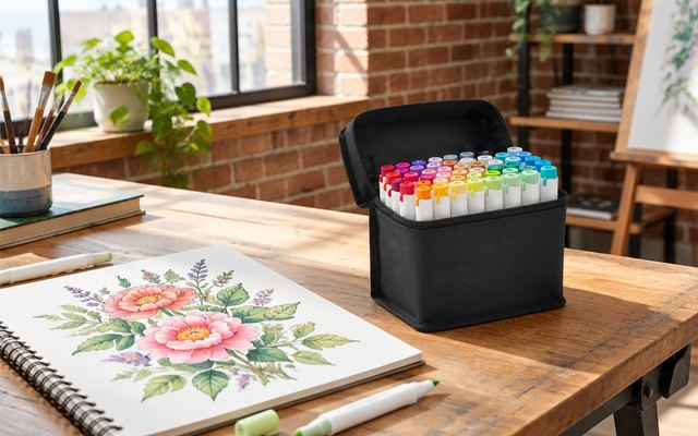 Ohuhu 48-color brush alcohol markers, on a drafting table in a bright loft art studio with a brick wall, beside a sketchbook with a floral illustration