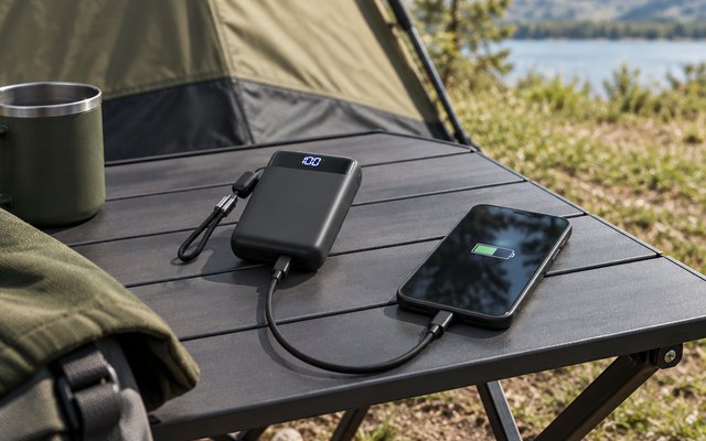 INIU 20,000mAh power bank, on a folding camping table beside a tent, charging a phone by cable