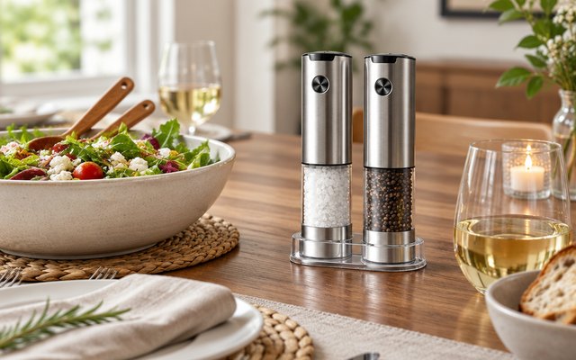 ioion electric grinder set, on a dining table set for dinner, beside a bowl of salad