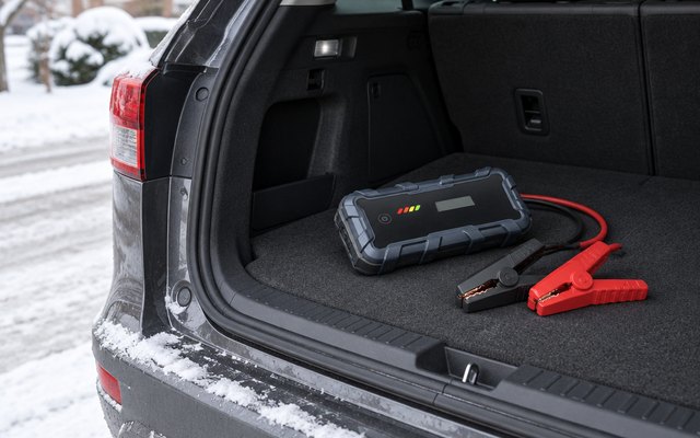 Jump starter sitting in the open trunk of an SUV on a snowy street, its clamps beside it