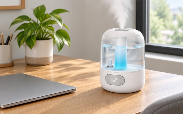Dreo 306 humidifier, on a home office desk beside a closed laptop and a potted plant