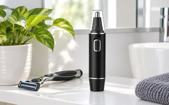 AREYZIN USB-C Rechargeable Nose and Ear Trimmer, trimmer on a white bathroom shelf beside a razor and a small plant, bright daylight