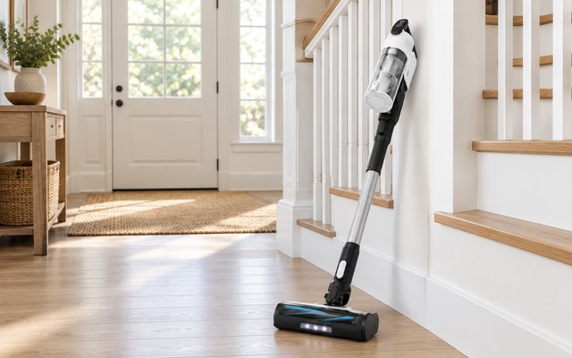 Cordless stick vacuum resting against a staircase in a bright entryway