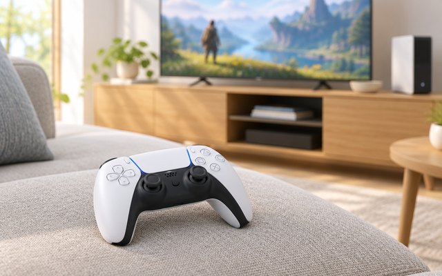 A white DualSense controller on a sofa cushion in a bright living room, a TV in the background