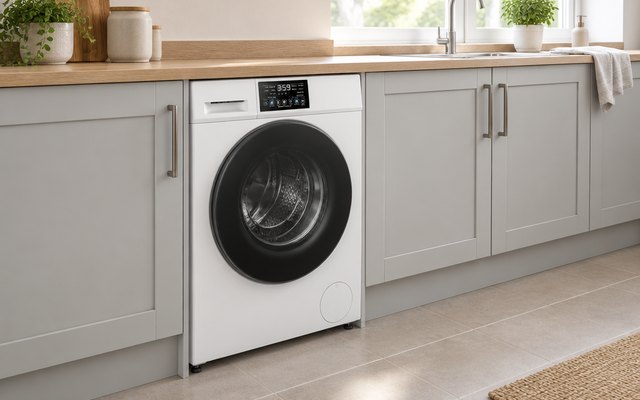 COMFEE' washer dryer, built in under the worktop of a modern British kitchen with pale grey cabinets