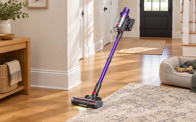 SMOTURE VAC02 stick vacuum, resting where a hardwood hallway meets a soft area rug, a dog bed nearby