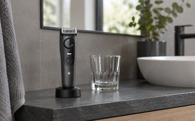 Braun Series 9 all-in-one trimmer, standing on a dark slate shelf in a modern master bathroom beside a glass tumbler