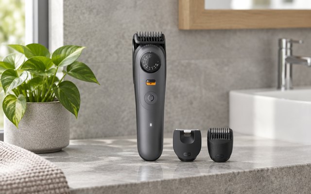 Trimmer with attachments on a bathroom shelf