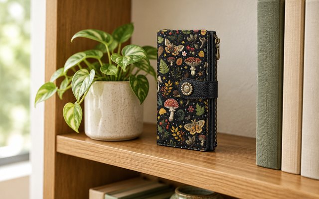 GIANCOMICS mushroom print wallet, on a wooden bookshelf beside a small potted plant
