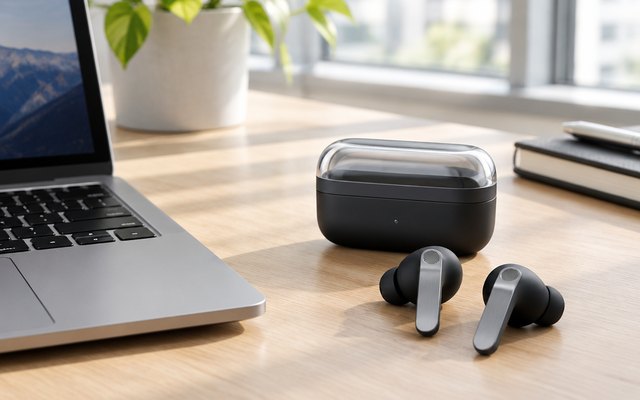 Samsung Galaxy Buds4 Pro, on a desk beside a laptop in a bright office
