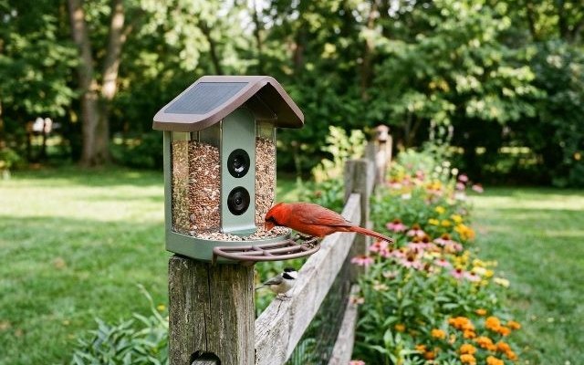 Solar camera bird feeder, on a fence post with a cardinal on the tray