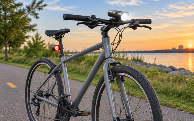 Zewdov G90 bike light set, headlight lit on the handlebar and red tail light on the seat post of a hybrid bike on a paved bike path in early evening