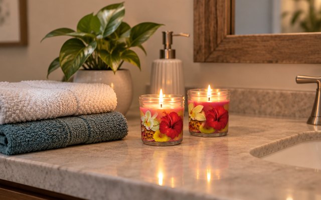 Glade 2in1 candles, on a bathroom vanity beside folded hand towels