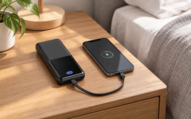 CFIAI power bank with built-in cables, on a nightstand charging a phone with its built-in cable