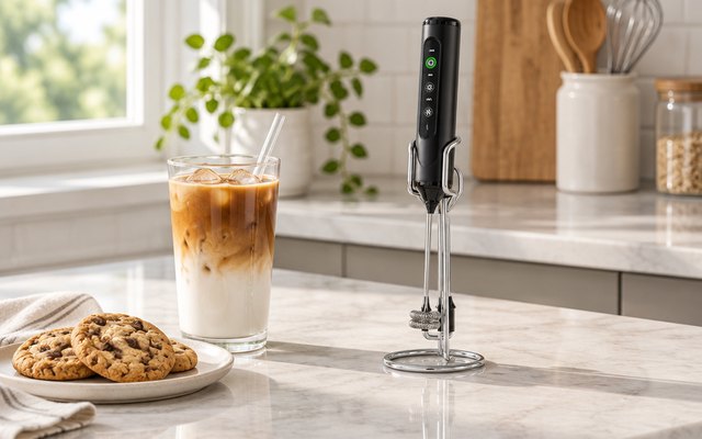 CIRCLE JOY 3-speed milk frother, on a kitchen counter beside a tall glass of iced latte and a plate of cookies