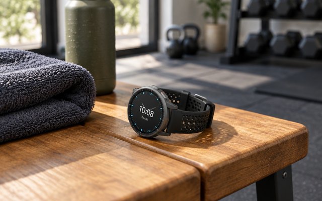 Amazfit Active Max smartwatch, lying on a wooden bench in a home gym beside a folded towel and a water bottle