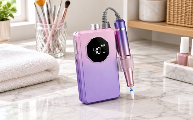 Professional nail drill, on a marble countertop in a home salon corner with a folded white towel and a jar of nail brushes