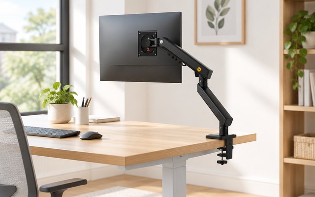 NB SmooVex A5 monitor arm, clamped to the back edge of a standing desk in a bright home office
