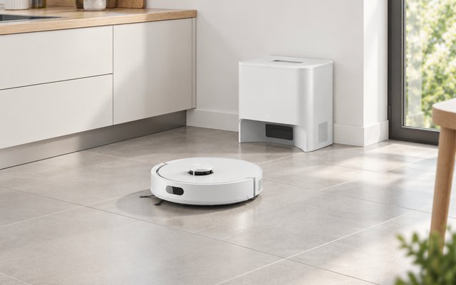 Robot vacuum cleaning a tiled kitchen floor, its self-emptying base station against the wall behind