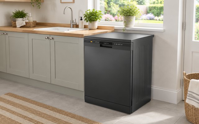 COMFEE' 13-place dishwasher, in a bright utility room beside a sink, a window onto a garden