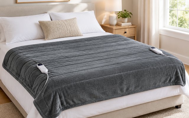 Bedsure dual-control heated blanket, spread over a queen bed in a bright primary bedroom, the two controllers lying on either side